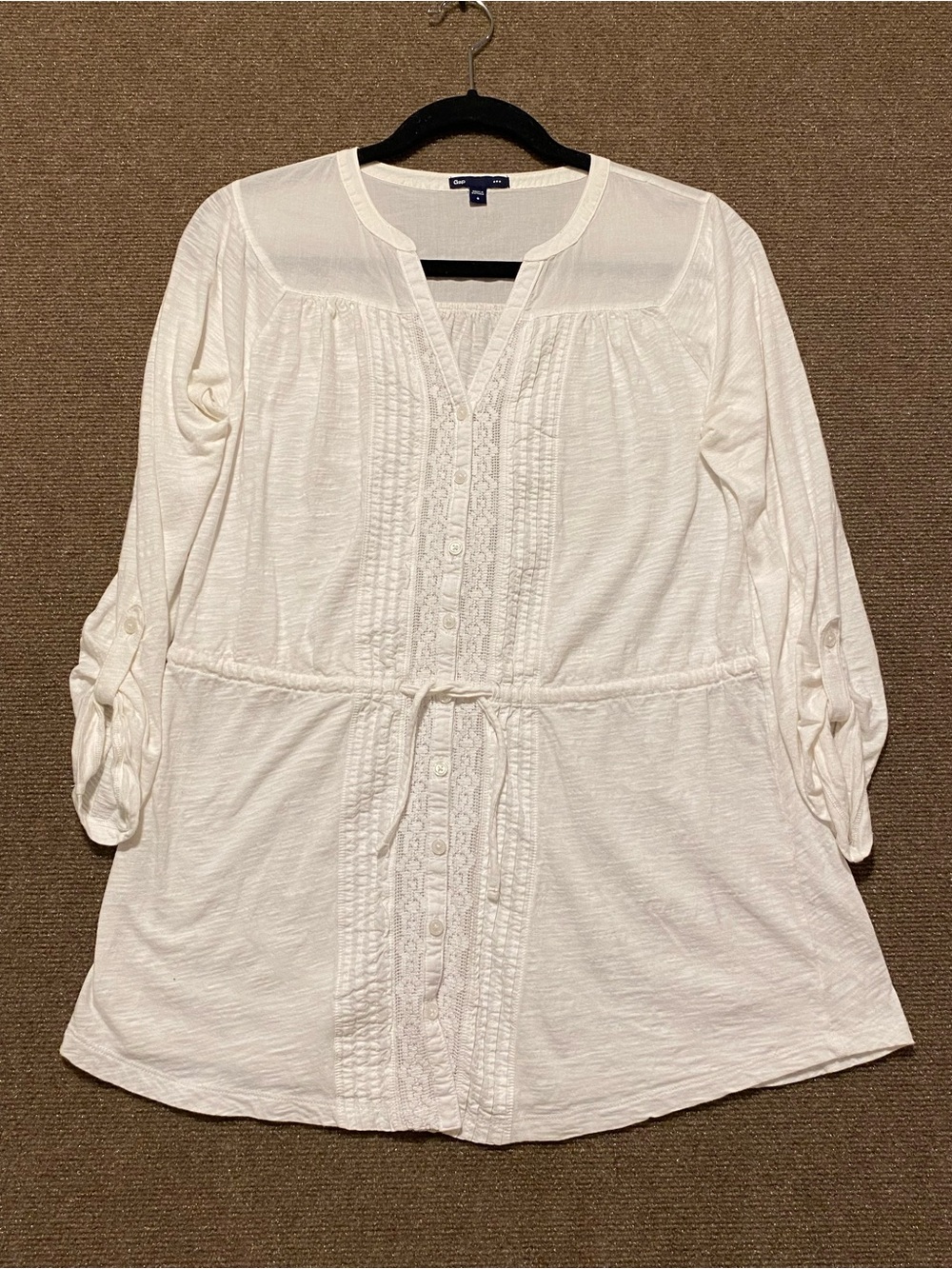 GAP White Slub Knit Peasant Blouse Lace Pleated Roll Tab Sleeve S